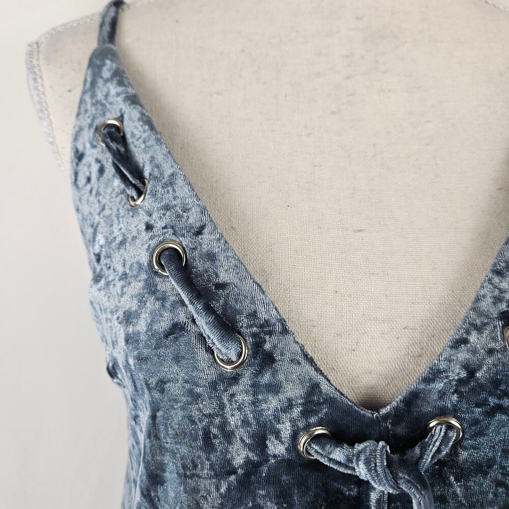 Emory Park Blue Shimmer Crushed Velvet Deep Tasseled V-Neck Stretch Mini Dress S - Picture 6 of 14